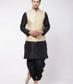 Men'S Cream And Black Silk Blend Jacket, Kurta And Dhoti Set
