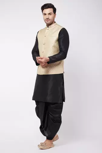 Cream And Black Silk Blend Jacket, Kurta And Dhoti Set