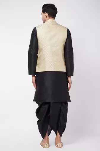 Cream And Black Silk Blend Jacket, Kurta And Dhoti Set