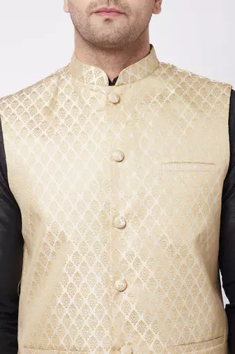 Cream And Black Silk Blend Jacket, Kurta And Dhoti Set