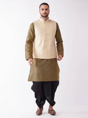 Cream And Black Silk Blend Jacket, Kurta And Dhoti Set 1