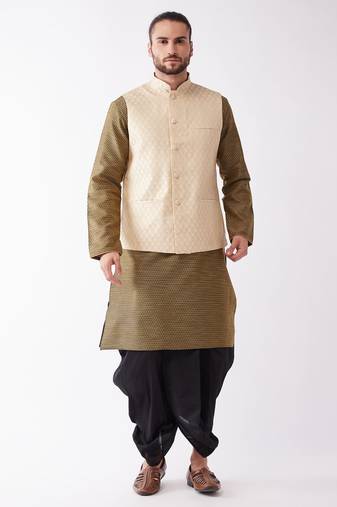 Men'S Cream And Black Silk Blend Jacket, Kurta And Dhoti Set