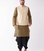 Men'S Cream And Black Silk Blend Jacket, Kurta And Dhoti Set