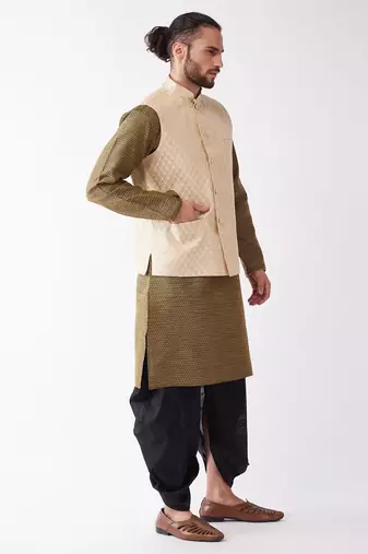 Cream And Black Silk Blend Jacket, Kurta And Dhoti Set