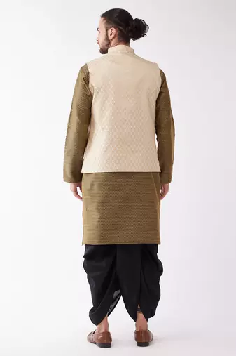 Cream And Black Silk Blend Jacket, Kurta And Dhoti Set