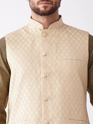 Cream And Black Silk Blend Jacket, Kurta And Dhoti Set 4
