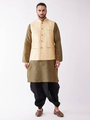 Gold And Black Silk Blend Jacket, Kurta And Dhoti Set 1