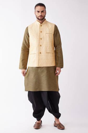 Men'S Gold And Black Silk Blend Jacket, Kurta And Dhoti Set