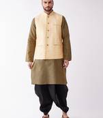 Men'S Gold And Black Silk Blend Jacket, Kurta And Dhoti Set