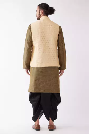 Gold And Black Silk Blend Jacket, Kurta And Dhoti Set