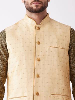 Gold And Black Silk Blend Jacket, Kurta And Dhoti Set 4