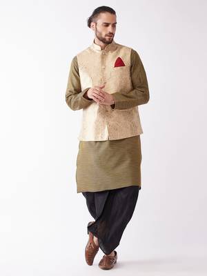 Gold And Black Silk Blend Jacket, Kurta And Dhoti Set 1