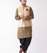 Men'S Gold And Black Silk Blend Jacket, Kurta And Dhoti Set