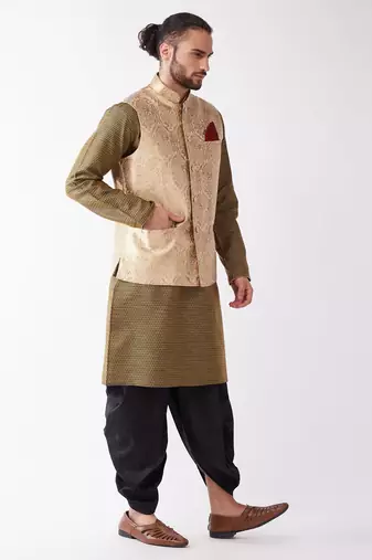 Gold And Black Silk Blend Jacket, Kurta And Dhoti Set