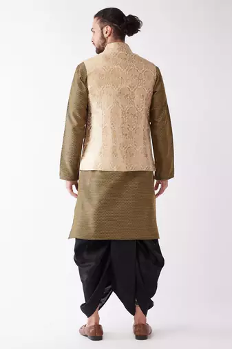 Gold And Black Silk Blend Jacket, Kurta And Dhoti Set