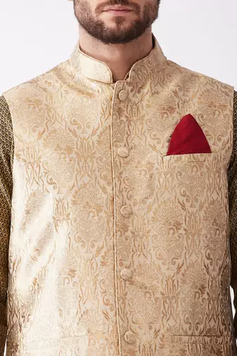 Gold And Black Silk Blend Jacket, Kurta And Dhoti Set