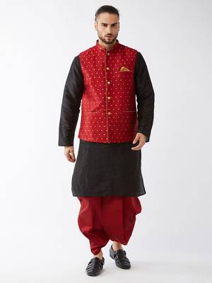  black and maroon silk blend jacket, kurta and dhoti set 1