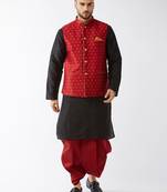  black and maroon silk blend jacket, kurta and dhoti set