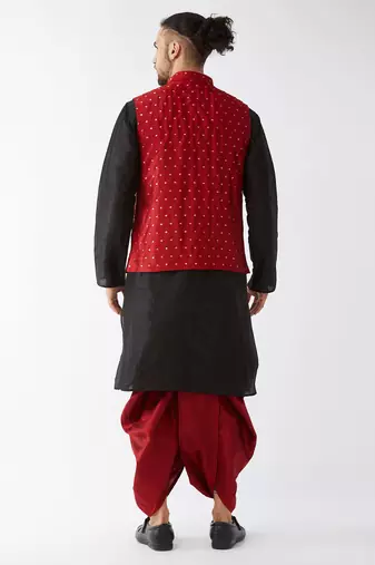  black and maroon silk blend jacket, kurta and dhoti set