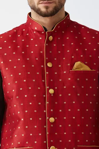  black and maroon silk blend jacket, kurta and dhoti set