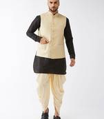 Black, Cream And Gold Silk Blend Jacket, Kurta And Dhoti Set