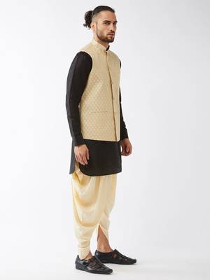 Black, Cream And Gold Silk Blend Jacket, Kurta And Dhoti Set 2