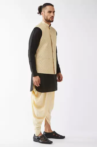 Black, Cream And Gold Silk Blend Jacket, Kurta And Dhoti Set
