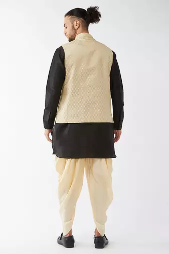 Black, Cream And Gold Silk Blend Jacket, Kurta And Dhoti Set