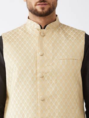 Black, Cream And Gold Silk Blend Jacket, Kurta And Dhoti Set 4