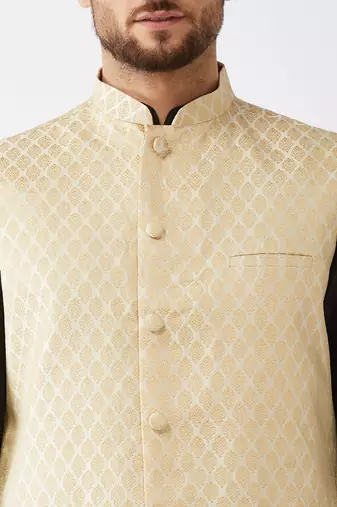 Black, Cream And Gold Silk Blend Jacket, Kurta And Dhoti Set
