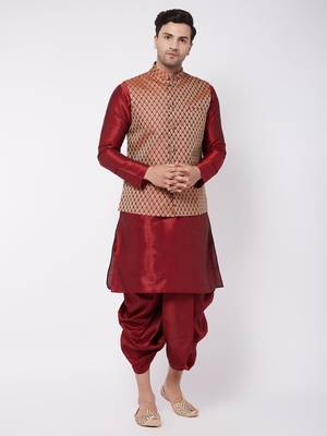  maroon silk blend jacket, kurta and dhoti set 1