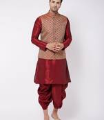  maroon silk blend jacket, kurta and dhoti set