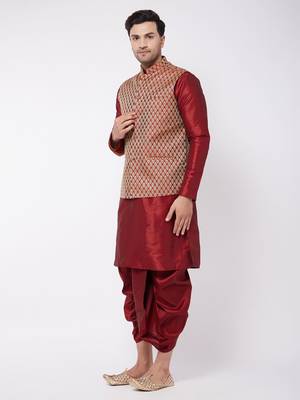  maroon silk blend jacket, kurta and dhoti set 2