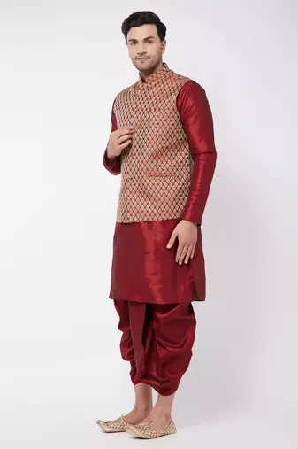  maroon silk blend jacket, kurta and dhoti set