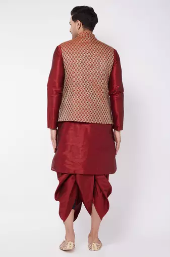  maroon silk blend jacket, kurta and dhoti set