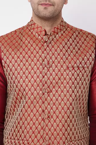  maroon silk blend jacket, kurta and dhoti set