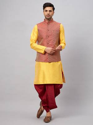  yellow and maroon silk blend jacket, kurta and dhoti set 1