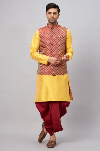  men's yellow and maroon silk blend jacket, kurta and dhoti set