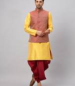  yellow and maroon silk blend jacket, kurta and dhoti set