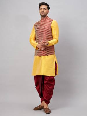  yellow and maroon silk blend jacket, kurta and dhoti set 2