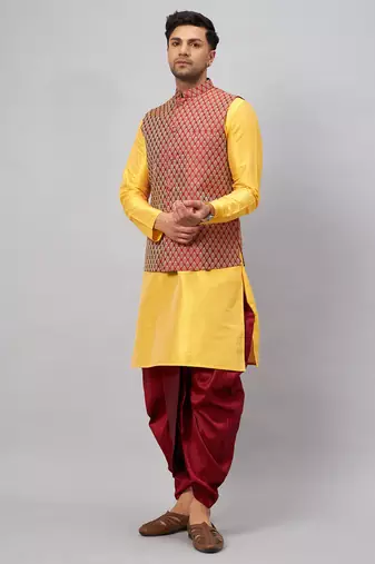  yellow and maroon silk blend jacket, kurta and dhoti set