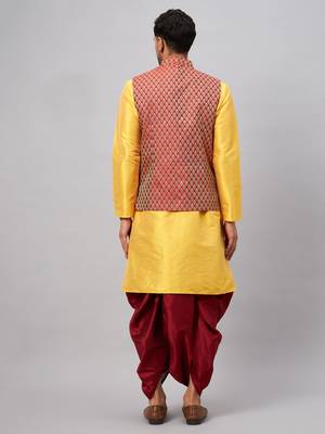  yellow and maroon silk blend jacket, kurta and dhoti set 3