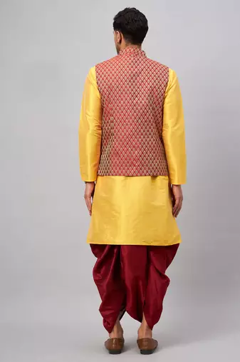  yellow and maroon silk blend jacket, kurta and dhoti set