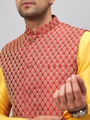 yellow and maroon silk blend jacket, kurta and dhoti set 4
