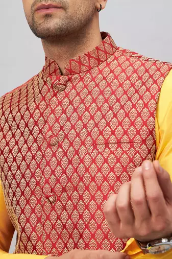  yellow and maroon silk blend jacket, kurta and dhoti set