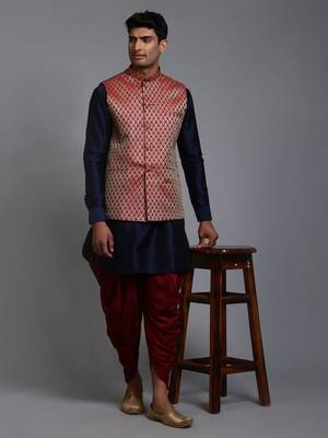 Maroon And Navy Blue Silk Blend Jacket, Kurta And Dhoti Set 1