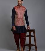 Maroon And Navy Blue Silk Blend Jacket, Kurta And Dhoti Set