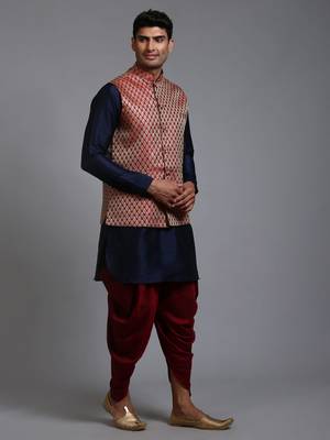 Maroon And Navy Blue Silk Blend Jacket, Kurta And Dhoti Set 2