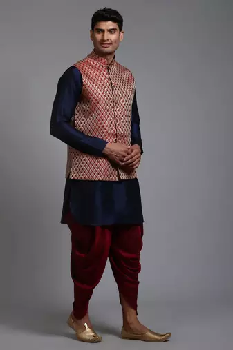 Maroon And Navy Blue Silk Blend Jacket, Kurta And Dhoti Set