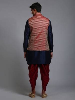 Maroon And Navy Blue Silk Blend Jacket, Kurta And Dhoti Set 3